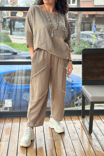 AYASOFYA OTANTIK Women's Brown Oversize Loose Linen Cotton Blouse with Mesh Detail and Skirt