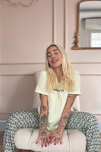 Pijamaevi Beige Urban Style Patterned Short Sleeve Knitted Women's Pajama Set
