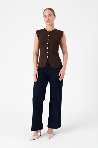 Merry Rise Кафяв дамски трикотажен елек с копчета