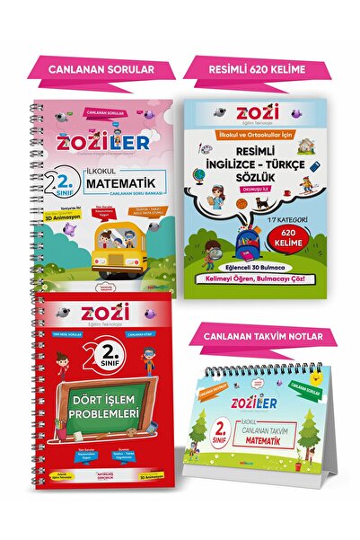 ZOZİLER 2.Sınıf Canlanan Mat Soru Bnk – Dört İşlem Prb - Resimli İng Sözlük - Takvim Not (4LÜ SET)