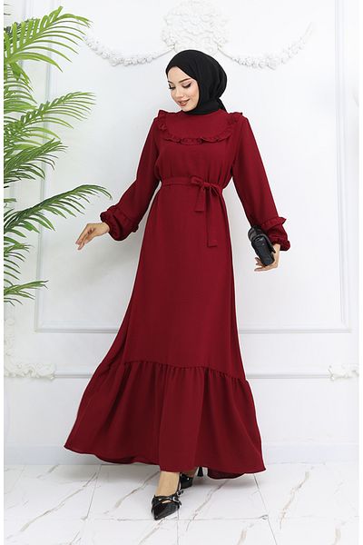 sefamerve Φόρεμα Aerobin Fabric Ruffle Detailed 0023-05 Claret Red