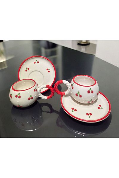 İZart Cherry Patterned Custom Embossed Hand Embroidered 4 Piece 2 Person Cup Set