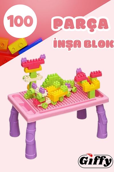 giffy مجموعة مكعبات البناء وطاولة الأنشطة التعليمية المكونة من 100 قطعة من Toy Pink