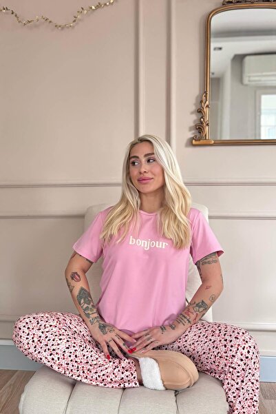 Pijamaevi Pink Bonjour Patterned Short Sleeve Knitted Women's Pajamas Set