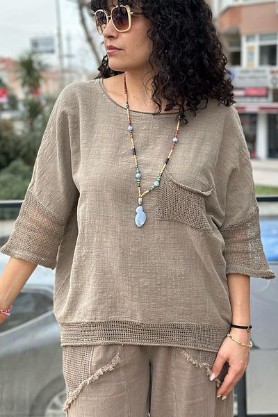 AYASOFYA OTANTIK Γυναικεία καφέ μανίκια και φούστα με λεπτομέρεια από δίχτυ με τσέπες Oversize Casual λινό βαμβακερή μπλούζα