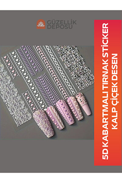 Güzellik Deposu 5D Kabartmalı Nail Art Tırnak Sticker Kalp ve Çiçek Desen