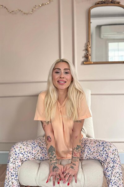 Pijamaevi Set de pijamale tricotate cu mânecă scurtă cu model Peach Good Times pentru femei