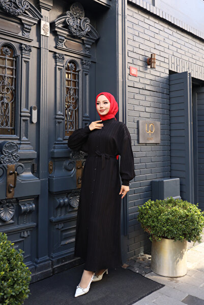 ECESSAMODAM ΓΥΝΑΙΚΕΙΟ Μαύρο Μακρύ Φόρεμα Χιτζάμπ με Ζώνη Lara με μανίκια με κουμπιά