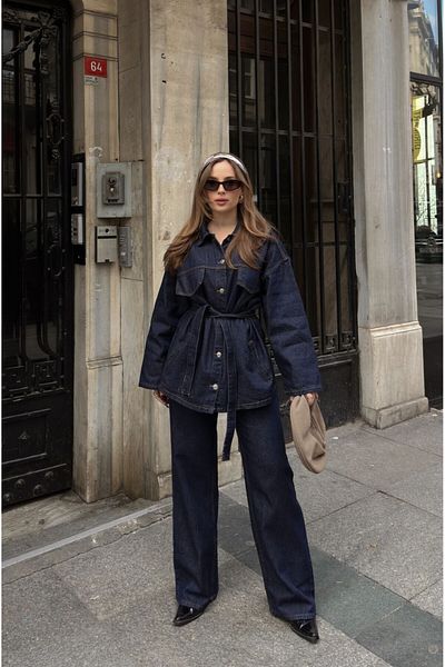 MEECY Dunkelblaue, gebundene Denim-Anzugjacke und -Hose in Übergröße