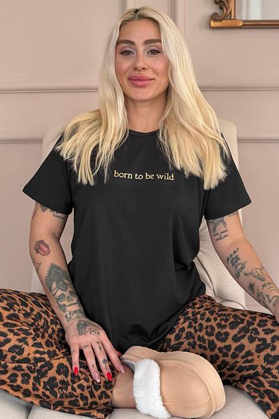 Pijamaevi Black Born to Be Wild Leopard Print Short Sleeve Knitted Women's Pajamas Set