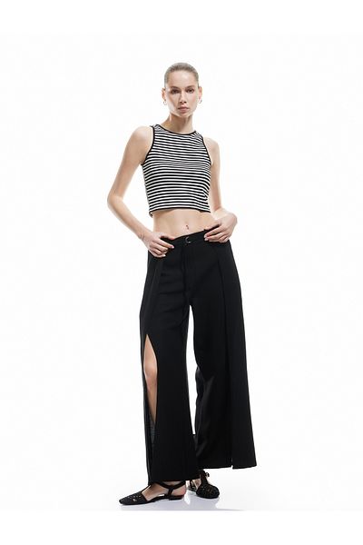 Koton Linen Blended Ribbed Belt Detailed Wide Leg Trousers