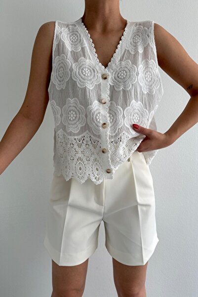 Suziş ЖІНОЧИЙ БІЛИЙ КВІТКОВИЙ ВИШИВАНИЙ МЕРЕЖИВНИЙ ЖАКЕТ СТАНДАРТНИЙ РОЗМІР M37286