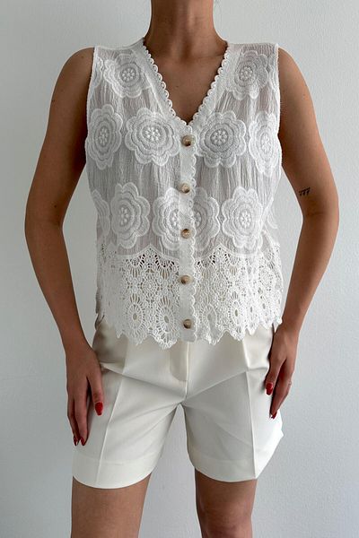 Suzi Women's White Flower Embroidered Lace Vest Standard Size M37286