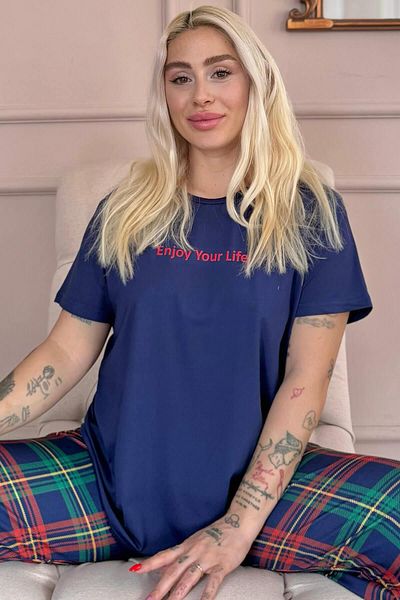 Pijamaevi Navy Enjoy Patterned Short Sleeve Women's Pajamas Set
