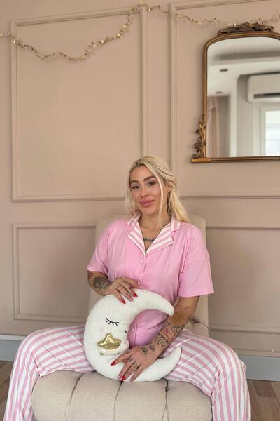 Pijamaevi Set de pijamale cu mânecă scurtă, cu nasturi în față, din bambus, cu model roz pudrat