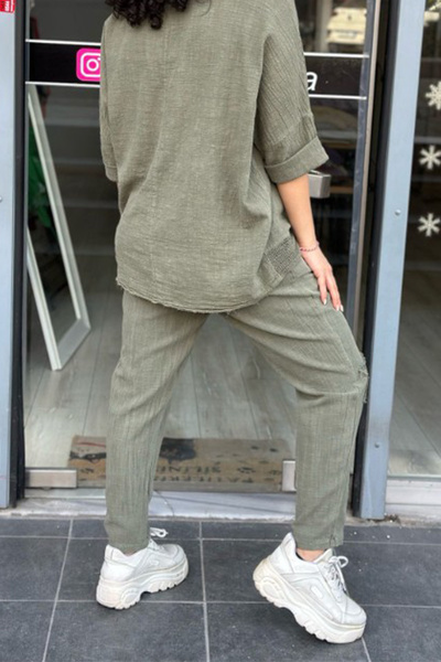 AYASOFYA OTANTIK Γυναικείο παντελόνι με μοτίβο αστεριών / μαργαρίτα με τσέπες χακί με ελαστική μέση και κορδόνια