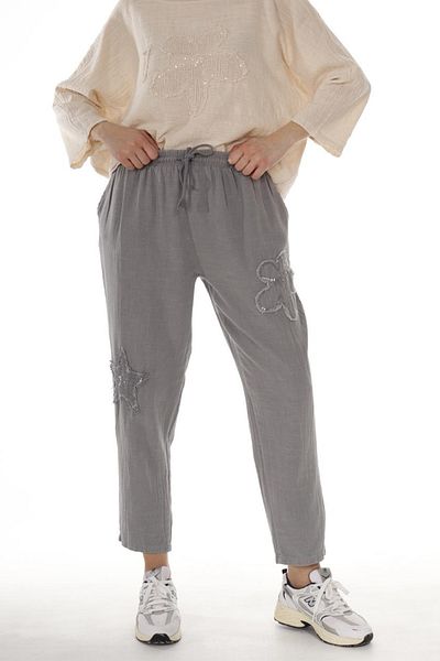 AYASOFYA OTANTIK Gray Waist Lace-Up Elastic Star Patterned Women's Pantaloni