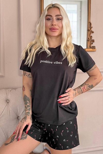 Pijamaevi Black Positive Vibes Patterned Short Sleeve Knitted Women's Pajamas Set with Shorts