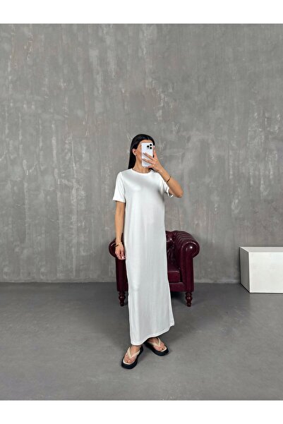 Gaus Velis White Crew Neck Pique Modal Basic Slit Dress
