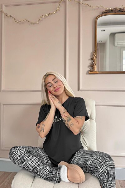 Pijamaevi Black Sleepy Patterned Short Sleeve Women's Pajamas Set