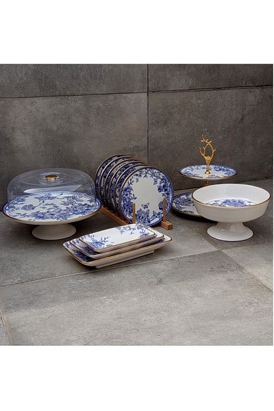 Pinkev 12 Piece Ceramic Cake Presentation Plate Set for 6 People