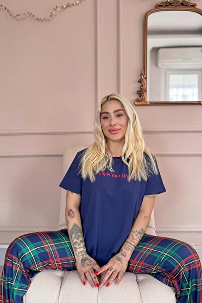 Pijamaevi Navy Enjoy Patterned Short Sleeve Women's Pajamas Set