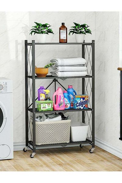 Generic 4-Tier Metal Folding Kitchen Storage Rack in Black