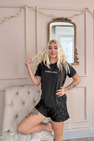 Pijamaevi Siyah Positive Vibes Desenli Kısa Kollu Şortlu Örme Kadın Pijama Takımı