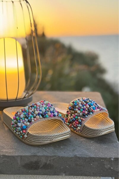 Melissa Boutique Women's Colorful Beaded Straw Knitted Model Sole Summer Slippers