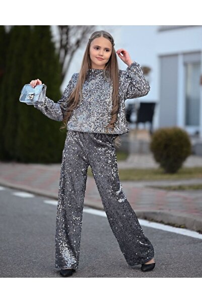 nisaykids KIZ ÇOCUK FUL PAYET İÇİ ASTARLI BLUZ PANTOLON ÇANTA TAKIM