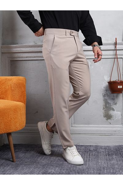 Anılfashion Men's Beige Slim Fit Quality Stylish and Comfortable Lycra Ankle Length Fabric Trousers
