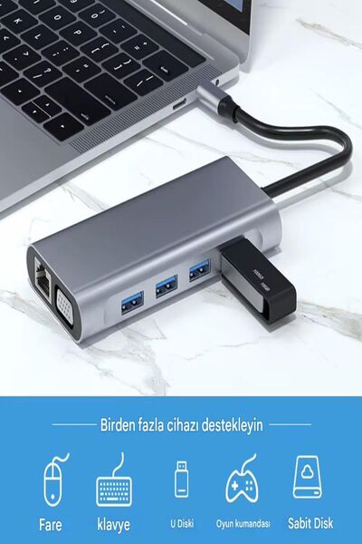 ULTRATEKNO 11 in 1 Type-c To Usb Hub Port Uyumlu Adaptör Hdmı 4x Usb Lan Vga Sd Card Çevirici Çoklayıcı