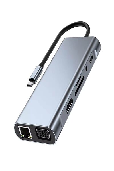 ULTRATEKNO 11 in 1 Type-c To Usb Hub Port Uyumlu Adaptör Hdmı 4x Usb Lan Vga Sd Card Çevirici Çoklayıcı