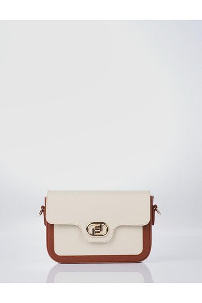 Kayra Baguette Bag with Metal Accessories for Brown and Cream