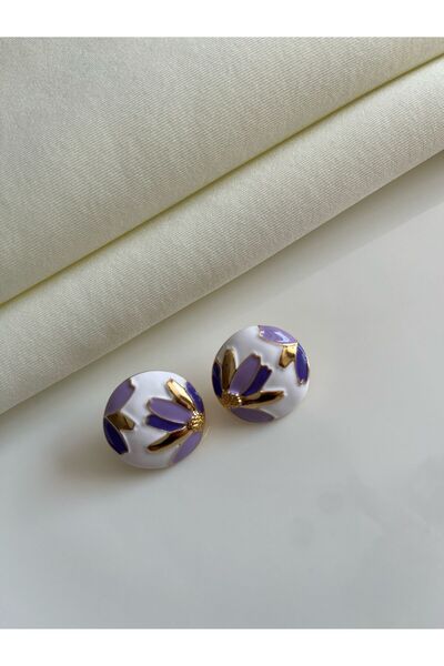 Nilsu Jewellery Accessory Çiçek Desenli Emaye Yuvarlak Küpe
