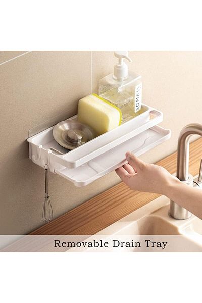 COOYA White Sponge Holder with 4 Hooks for Sink Organizer Hanging No Drilling, with Drip Tray