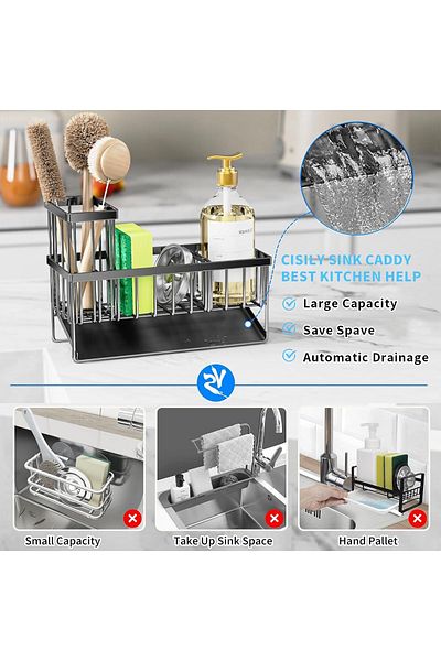 COOYA Sink Sponge Rack Storage Rack with 45-Degree Sloped Drain Board, Detachable Retractable