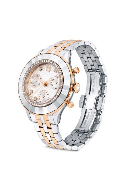 Swarovski Rose Gold Tone Octea Chrono Watch, Swiss Made Metal Bracelet