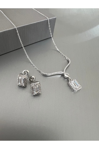 Zeta Jewel 925 Ayar Gümüş Beyaz Baget Taşlı Kolye Küpe Set - Sevgililer Günü ...