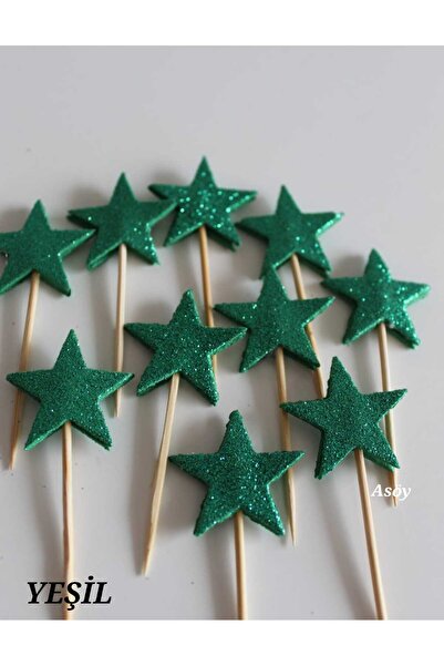 asöy Yeşil Kürdan Yıldız Simli Eva  10 adet  Cupcake Süsleri 3 Cm