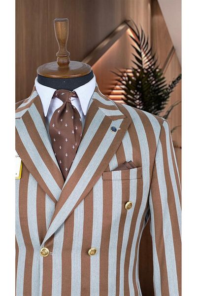 AGUSTİNİ Italiyana Contrasting Colors Tan and Grey Italian Style Double Breasted Suit Slim Fit Suit