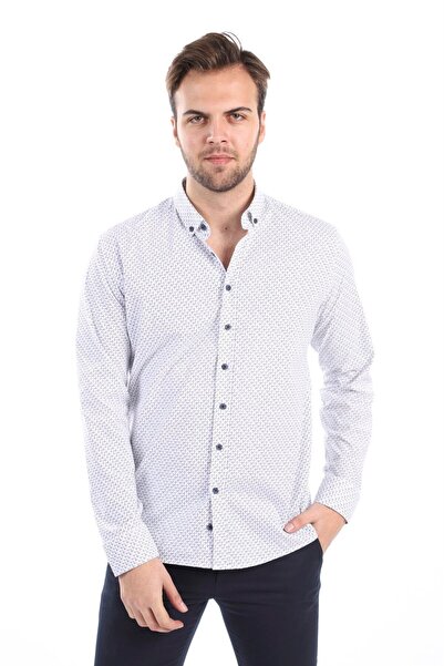 AGUSTİNİ Beyaz Benekli Slim Fit Gömlek | Agustini