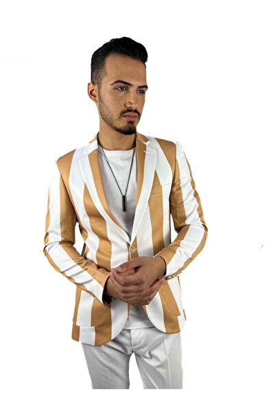 AGUSTİNİ Bej Beyaz Şerit Desen Torba Cep Blazer Tek Ceket Slim Fit | Agustini