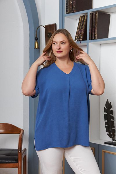 RMG Plus Size Slit Blouse Indigo - Collar and Sleeve Detail
