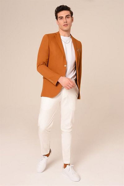 AGUSTİNİ Agustini - Mustard Color Slim Fit Mono Collar Blazer