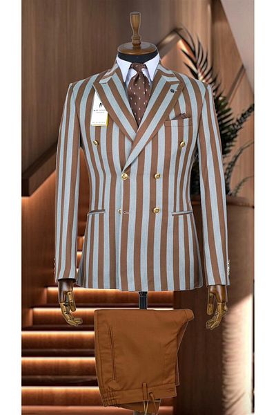 AGUSTİNİ Italiyana Contrasting Colors Tan and Grey Italian Style Double Breasted Suit Slim Fit Suit