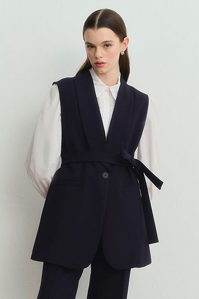 Hooopstore Navy Blue Crepe Set - Shawl Collar and Vest