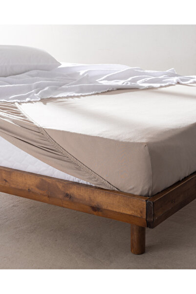 Madame Coco Valeria Çift Kişilik %100 Pamuk Lastikli Penye Çarşaf - Koyu Bej