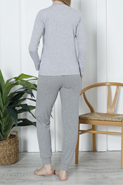 Nicoletta Dámský pyžamový set s dlouhým rukávem a kapsami Bavlna Lycra ŠEDÁ