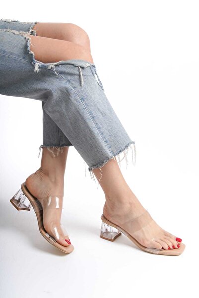 DS AYAKKABI Kadın Ten Şeffaf Bantlı Topuklu Terlik